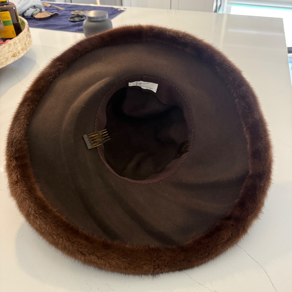 SUZANNE Couture Military Brown Wide Rim Hat with Mink Trim - Picture 5 of 7
